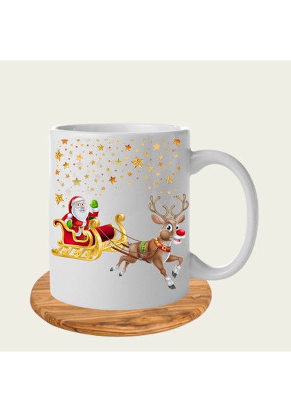 Yılbaşı Noel Temalı Yıldızlı Noel Baba ve Geyiği Baskılı Hediye Kupa Bardak-Christmas