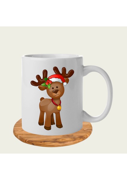 Yılbaşına Özel Noel Şapkalı Geyik Baskılı Kupa Bardak