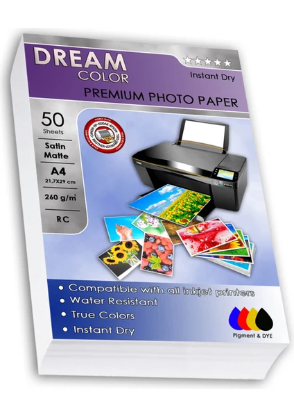 Dream Color Premium Satin Mat Fotoğraf Kağıdı 260 gr A4  50 Yaprak