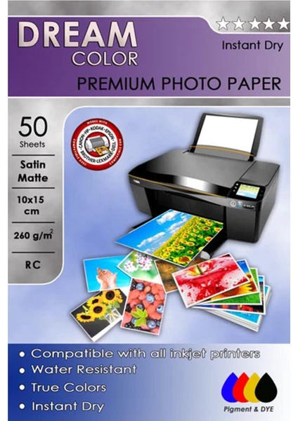 Dream Color Epson Yazıcılar Için Premium Satin Mat Fotoğraf Kağıdı 260 gr 10X15 50 Yaprak