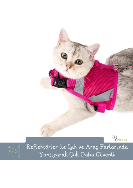 Kedi Tasması Göğüs Boyun Tasma Seti Sevk Kayışlı Terletmeyen Nefes Alan Reflektörlü Tasma Pembe S indirimleri