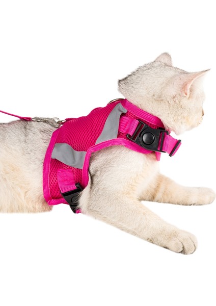 Kedi Tasması Göğüs Boyun Tasma Seti Sevk Kayışlı Terletmeyen Nefes Alan Reflektörlü Tasma Pembe M