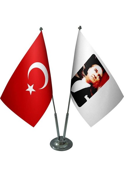 Masaüstü Atatürk Bayrağı Türk Bayrağı İkili Krom Direk Masa Bayrak Seti