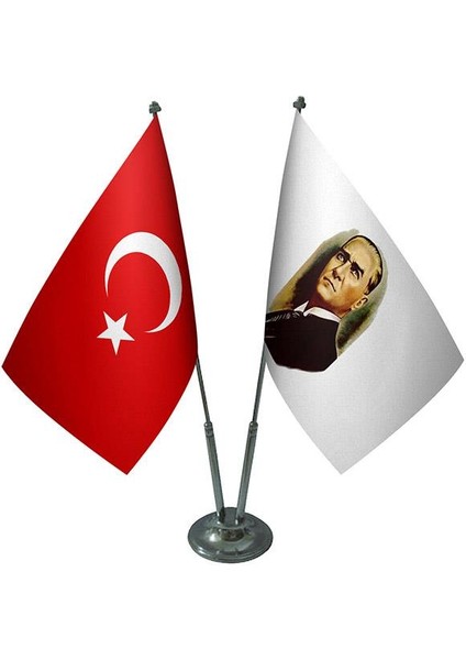 Masaüstü Atatürk Bayrağı Türk Bayrağı İkili Krom Direk Masa Bayrak Seti