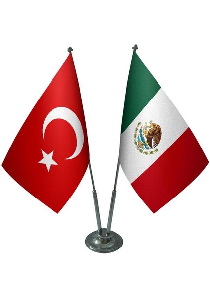 Masaüstü Meksika Bayrağı Türk Bayrağı İkili Krom Direk Masa Bayrak Seti
