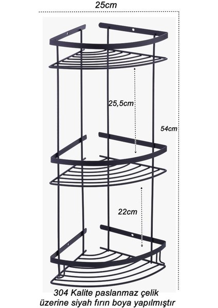 Paslanmaz 3gözlü Siyah Banyo Köşe Rafı Şampuanlık 304 Kalite ÇELIK-GNRL2015