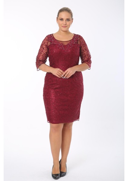 Büyük Beden 3676 Bordo Ara Boy Abiye Elbise