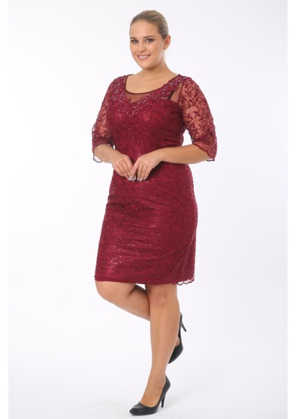 Büyük Beden 3676 Bordo Ara Boy Abiye Elbise