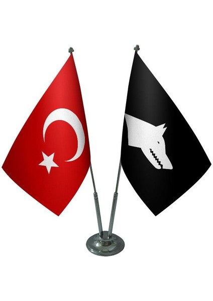 Masaüstü Siyah Göktürk Bayrağı Türk Bayrağı İkili Krom Direk Masa Bayrak Seti