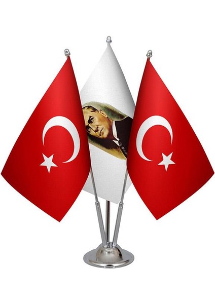 Masaüstü Atatürk Bayrağı Türk Bayrağı Üçlü Krom Direk Masa Bayrak Seti