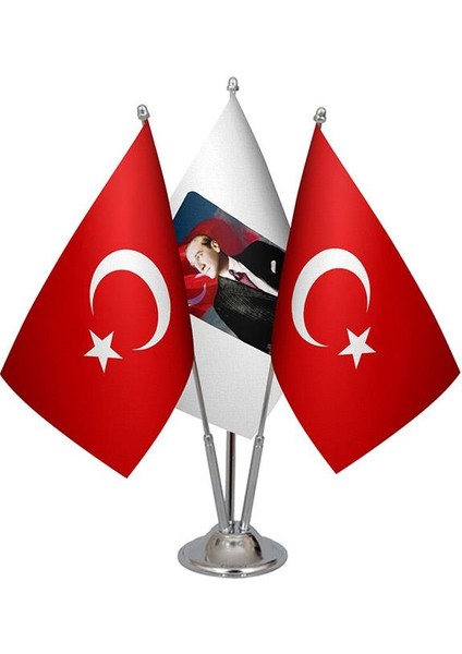 Masaüstü Atatürk Bayrağı Türk Bayrağı Üçlü Krom Direk Masa Bayrak Seti
