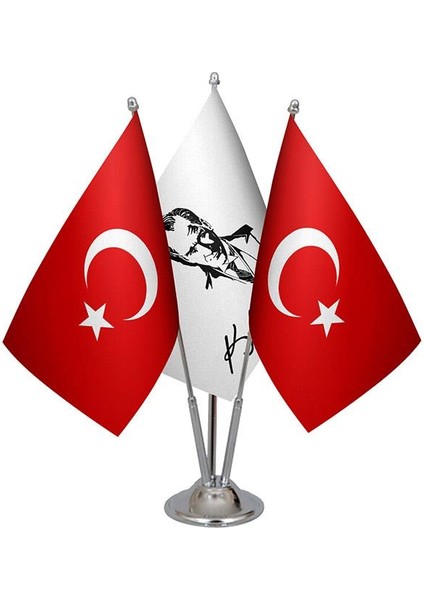 Masaüstü Atatürk Imzalı Bayrağı Türk Bayrağı Üçlü Krom Direk Masa Bayrak Seti