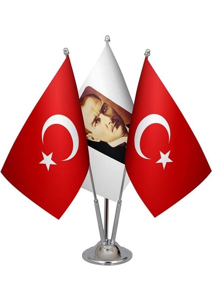 Masaüstü Atatürk Bayrağı Türk Bayrağı Üçlü Krom Direk Masa Bayrak Seti