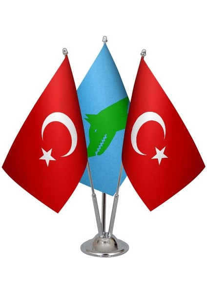 Masaüstü Göktürk Bayrağı Türk Bayrağı Üçlü Krom Direk Masa Bayrak Seti