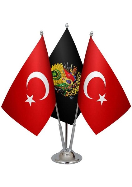 Masaüstü Siyah Osmanlı Arması Bayrağı Türk Bayrağı Üçlü Krom Direk Masa Bayrak Seti