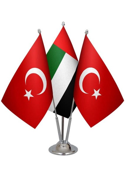 Masaüstü Birleşik Arap Emirlikleri Bayrağı Türk Bayrağı Üçlü Krom Direk Masa Bayrak Seti