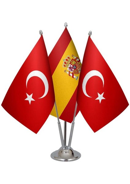 Masaüstü Ispanya Bayrağı Türk Bayrağı Üçlü Krom Direk Masa Bayrak Seti