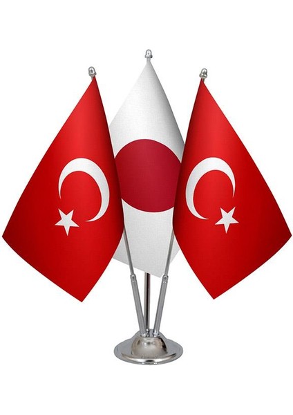 Masaüstü Japonya Bayrağı Türk Bayrağı Üçlü Krom Direk Masa Bayrak Seti