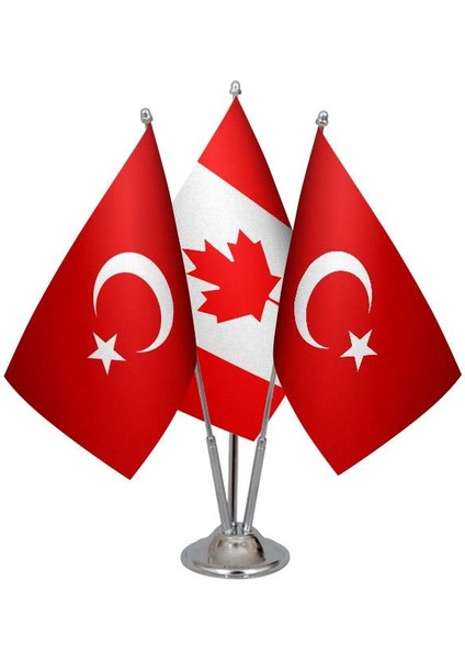 Masaüstü Kanada Bayrağı Türk Bayrağı Üçlü Krom Direk Masa Bayrak Seti