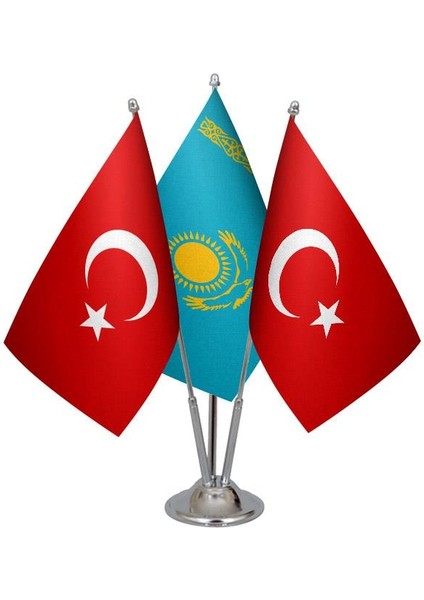 Masaüstü Kazakistan Bayrağı Türk Bayrağı Üçlü Krom Direk Masa Bayrak Seti