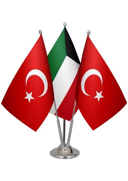 Masaüstü Kuveyt Bayrağı Türk Bayrağı Üçlü Krom Direk Masa Bayrak Seti