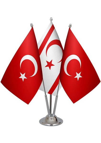 Masaüstü Kktc Bayrağı Türk Bayrağı Üçlü Krom Direk Masa Bayrak Seti
