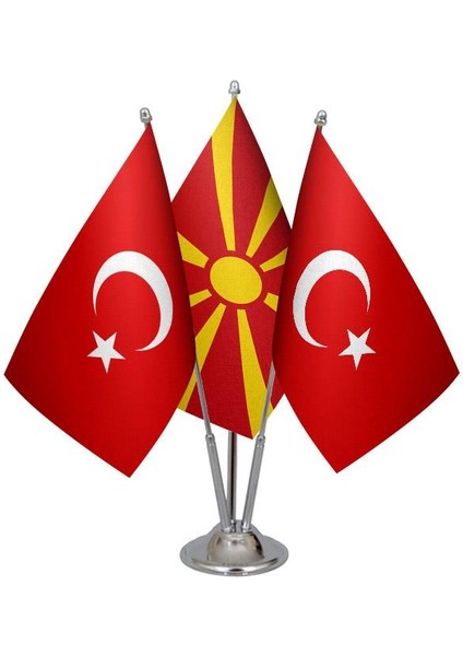 Masaüstü Makedonya Bayrağı Türk Bayrağı Üçlü Krom Direk Masa Bayrak Seti