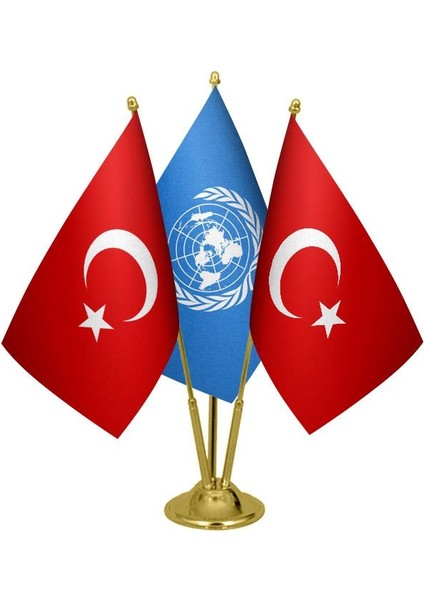 Masaüstü Birleşmiş Milletler Bayrağı Türk Bayrağı Üçlü Pirinç Direk Masa Bayrak Seti