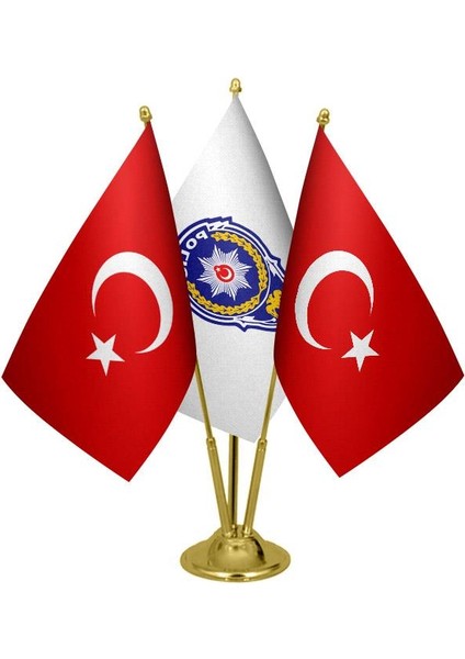 Masaüstü Polis Logosu Bayrağı Türk Bayrağı Üçlü Pirinç Direk Masa Bayrak Seti