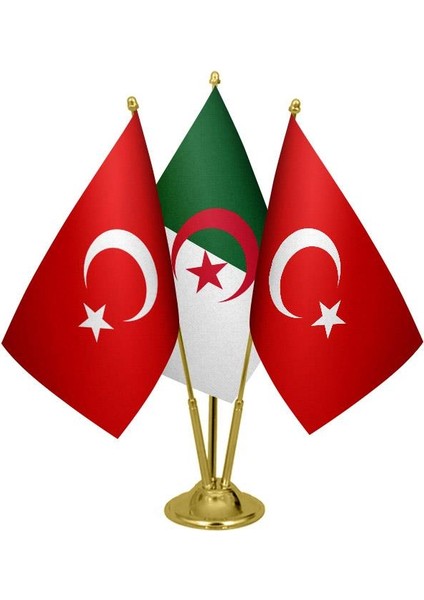 Masaüstü Cezayir Bayrağı Türk Bayrağı Üçlü Pirinç Direk Masa Bayrak Seti
