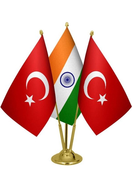 Masaüstü Hindistan Bayrağı Türk Bayrağı Üçlü Pirinç Direk Masa Bayrak Seti