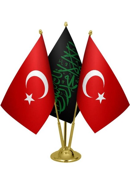 Masaüstü Siyah Kelimei Tevhid Bayrağı Türk Bayrağı Üçlü Pirinç Direk Masa Bayrak Seti