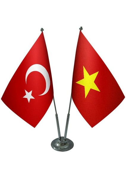 Masaüstü Vietnam Bayrağı Türk Bayrağı İkili Krom Direk Masa Bayrak Seti