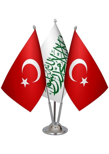 Masaüstü Beyaz Kelimei Tevhid Bayrağı Türk Bayrağı Üçlü Krom Direk Masa Bayrak Seti