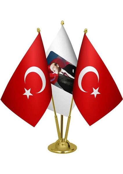 Masaüstü Atatürk Bayrağı Türk Bayrağı Üçlü Pirinç Direk Masa Bayrak Seti