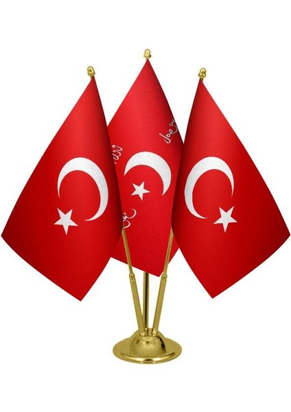 Masaüstü Ittihat ve Terakki Bayrağı Türk Bayrağı Üçlü Pirinç Direk Masa Bayrak Seti