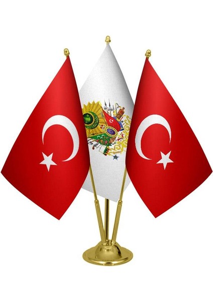 Masaüstü Osmanlı Arması Bayrağı Türk Bayrağı Üçlü Pirinç Direk Masa Bayrak Seti