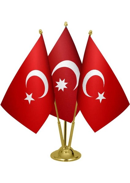 Masaüstü Osmanlı Devleti Bayrağı Türk Bayrağı Üçlü Pirinç Direk Masa Bayrak Seti