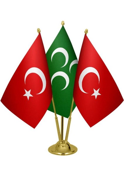 Masaüstü Yeşil Üç Hilal Bayrağı Türk Bayrağı Üçlü Pirinç Direk Masa Bayrak Seti