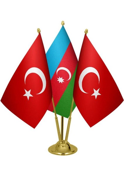 Masaüstü Azerbaycan Bayrağı Türk Bayrağı Üçlü Pirinç Direk Masa Bayrak Seti