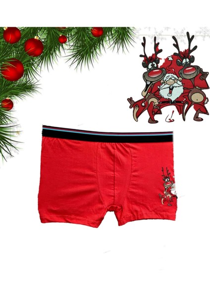 Erkek Kırmızı Yılbaşı Boxer Desenli Hediyelik Geyik
