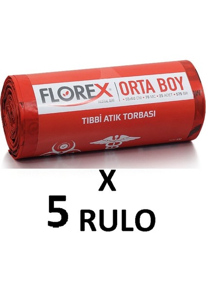 Tıbbı Atık Baskılı Orta Boy ( 55X60 cm ) Çöp Poşeti 5 Rulo 25*5=125 Adet