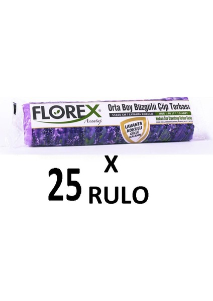 Lavanta Kokulu Büzgülü Orta Boy ( 55X60 cm ) Çöp Poşeti Mor 25 Rulo 10*25=250 Adet