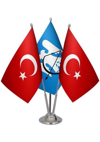 Masaüstü Selçuklu Devleti Bayrağı Türk Bayrağı Üçlü Krom Direk Masa Bayrak Seti
