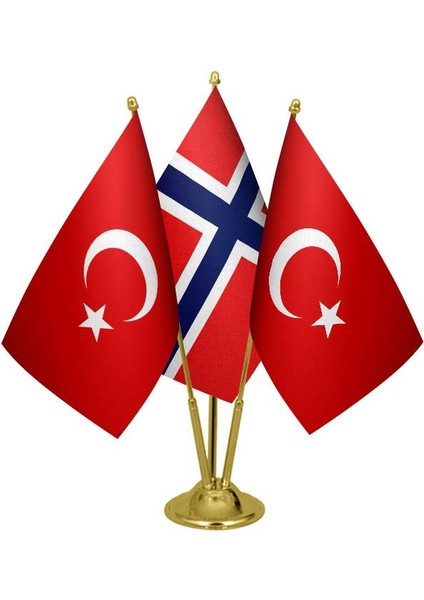 Masaüstü Norveç Bayrağı Türk Bayrağı Üçlü Pirinç Direk Masa Bayrak Seti