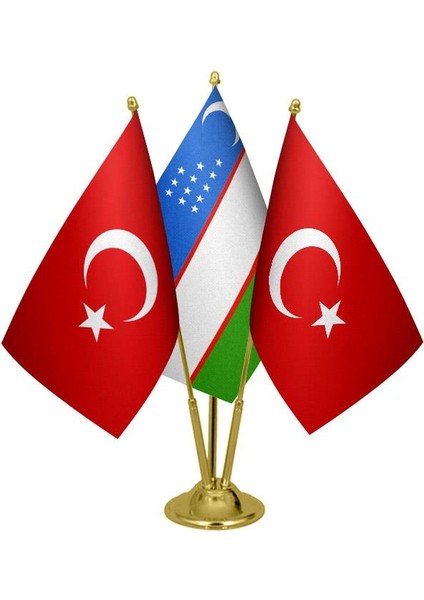 Masaüstü Özbekistan Bayrağı Türk Bayrağı Üçlü Pirinç Direk Masa Bayrak Seti