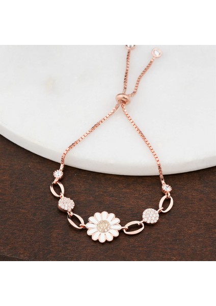 Zirkon Taşlı Rose Papatya Gümüş Kadın Bileklik
