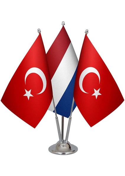 Masaüstü Hollanda Bayrağı Türk Bayrağı Üçlü Krom Direk Masa Bayrak Seti