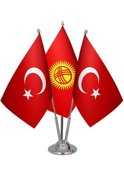 Masaüstü Kırgızistan Bayrağı Türk Bayrağı Üçlü Krom Direk Masa Bayrak Seti