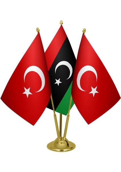 Masaüstü Libya Bayrağı Türk Bayrağı Üçlü Pirinç Direk Masa Bayrak Seti